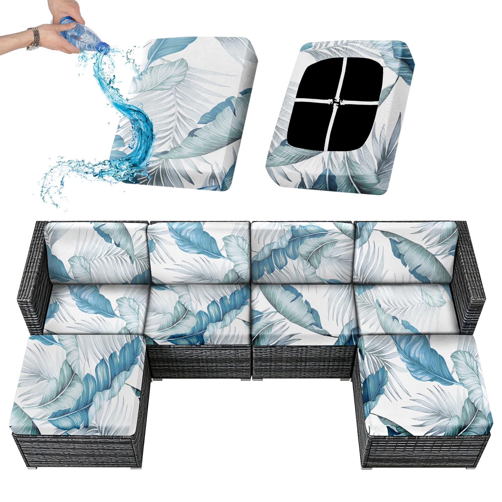 Sfcover 1/2/4/6 Pack Outdoor Sofa Cushion Covers Waterproof Stretch Garden Furniture Seat Back Cover Patio Upholstery Silpcover Replacement Set for Rattan with 4 Adjustable Laces (blue leaves,1)
