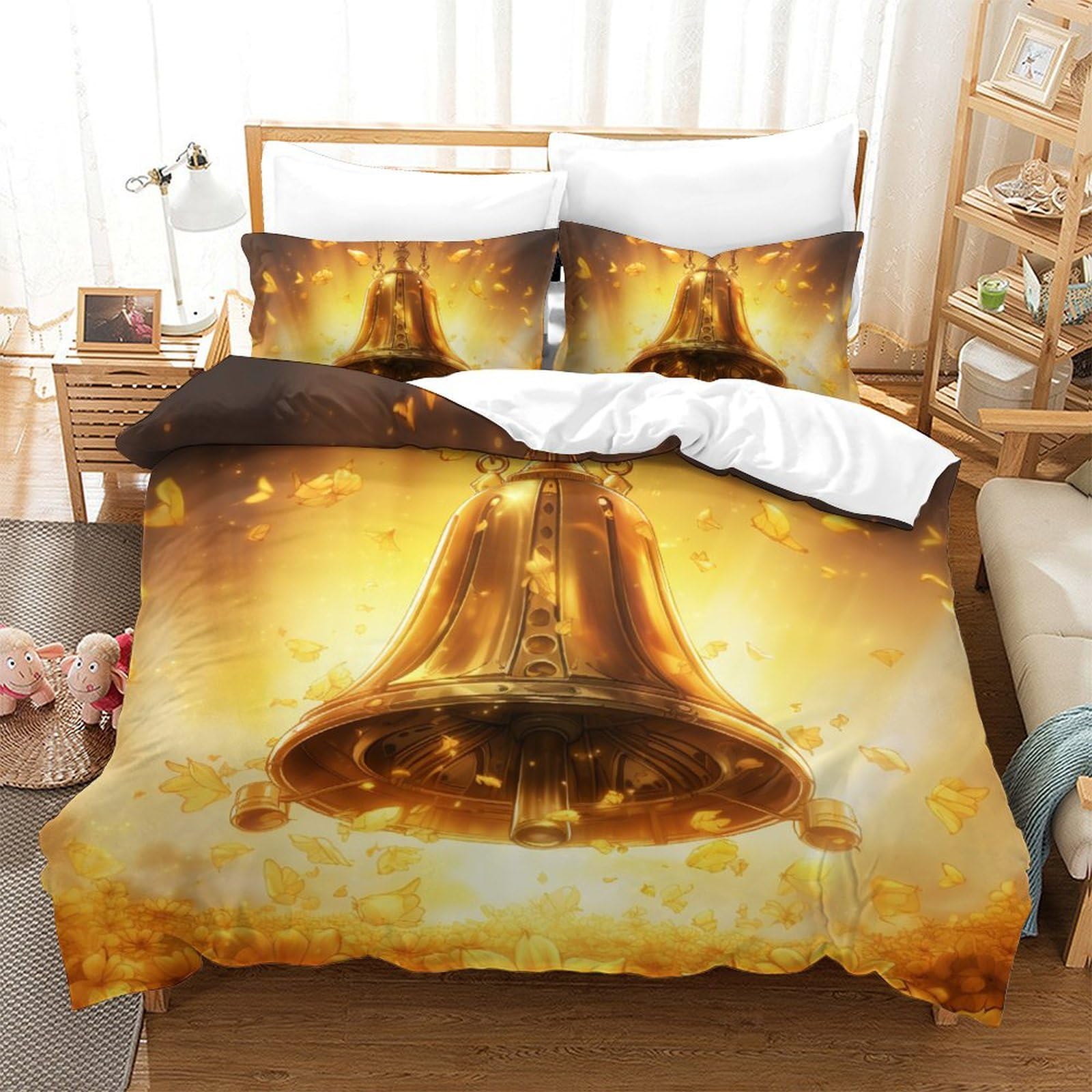 Housse de couette 200x200cm Bell imprimé 3D avec 2 taies d'oreiller en microfibre pour lit double