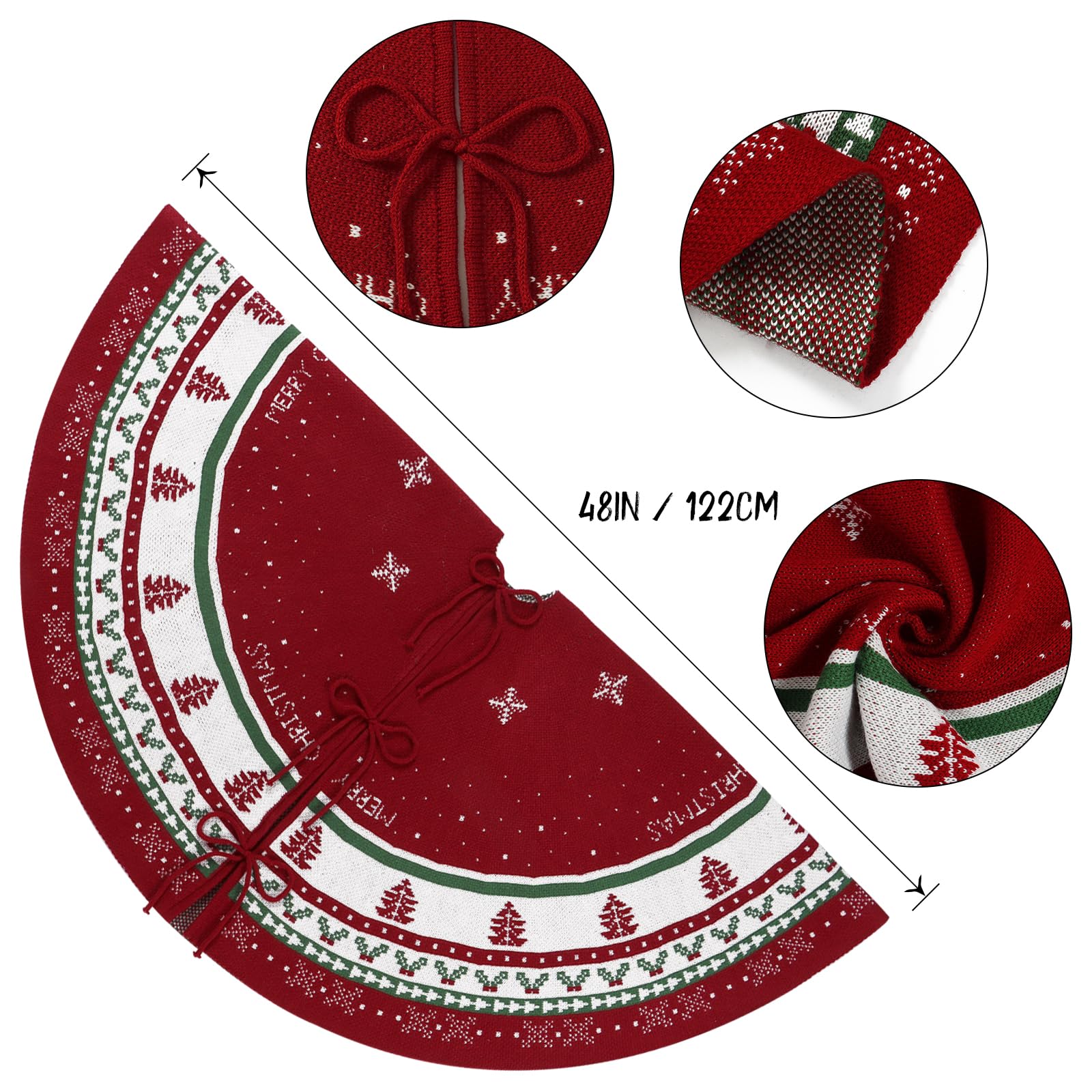 DEMIUKO Jupe de sapin de Noël en tricot rouge épais de 122,9 cm avec flocon de neige – Jupe de sapin de Noël rétro pour Noël, Nouvel An, vacances, maison, ferme, décoration d'intérieur (122 cm)