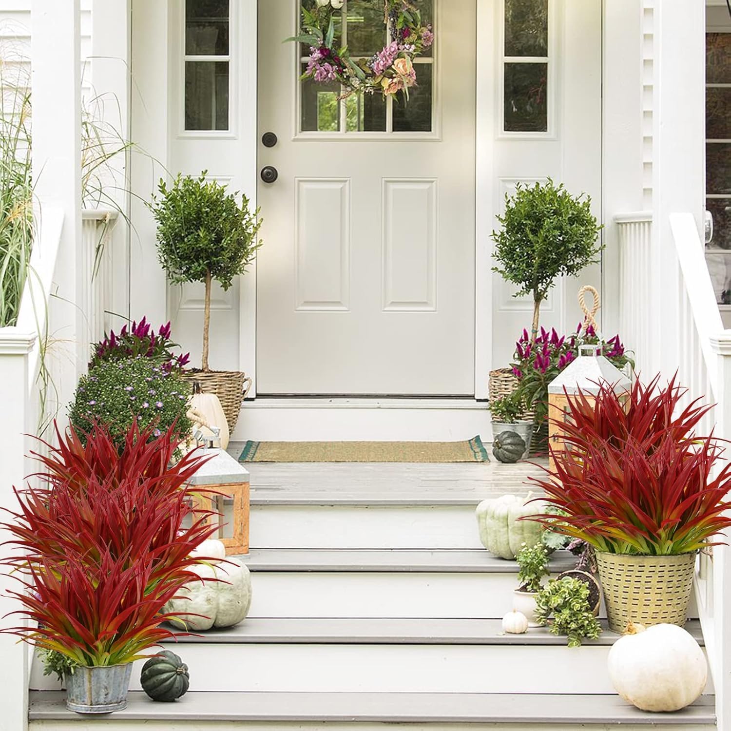 32Pcs Artificial Grass Fake Plants 17.3in Outdoor Plants UV Resistant Greenery Stems Fake Grass for Home Window Garden Office Patio Pathway Front Porch Décor Light Green & Red - Image 3