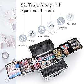 FRENESSA Makeup Case Cosmetic Train Case Organizer 11.8 Inch Large Makeup Box Travel Storage Make Up Train Carrying Case with 6 Trays Locking Hard Vanity Storage Glitter Silver