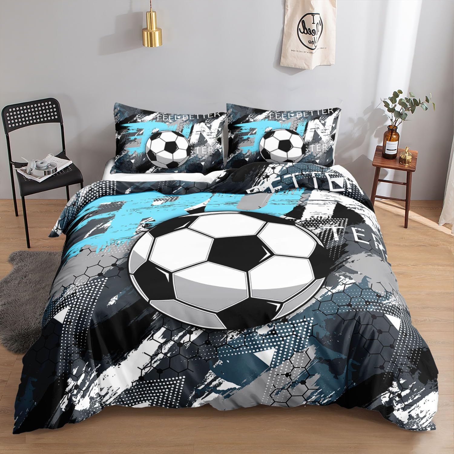HOSIMA Fußball-Bettwäsche-Set Bettbezug mit 2 Kissenbezügen Graffiti-Cartoon-Fußball-Druck