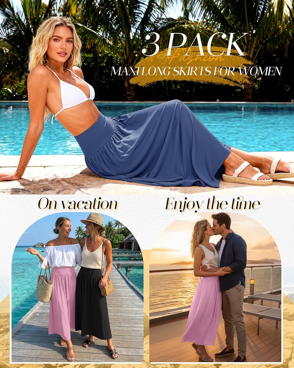 Ficerd 3 Pack Maxi Long Skirts for Women, Ankle Length High Waisted Pleated Flowy a Line Summer Casual Skirts with Pockets - Image 4