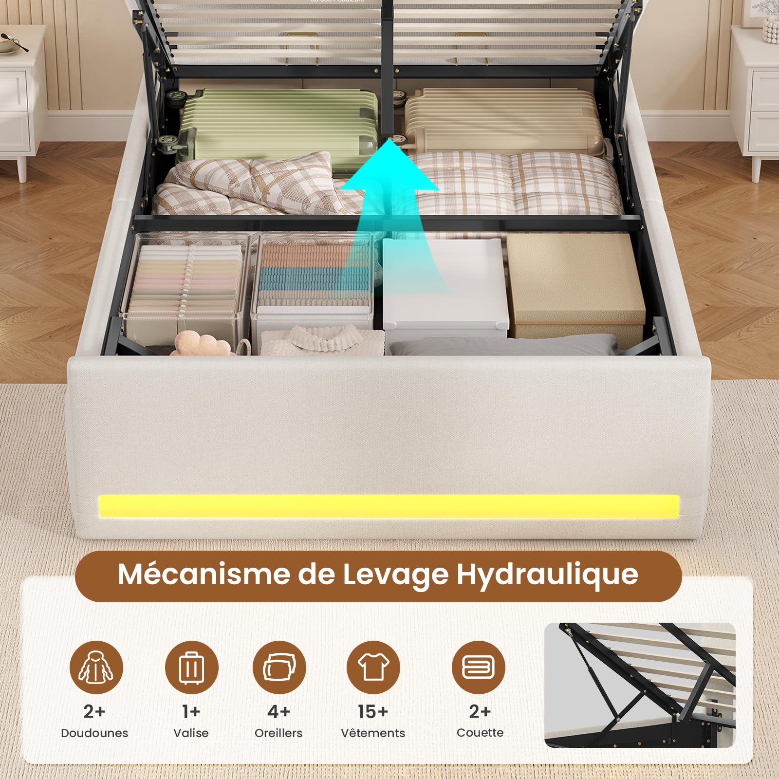 AOGLLATI Letto Singolo con Contenitore Idraulico 90x200 cm, Letto Singolo Imbottito con Ampio Spazio di Stivaggio, Struttura Letto Contenitore con Luci a LED Regolabili e Stazione di Ricarica, Beige