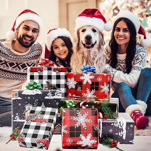 Miniatura 7 de BOLIANNE Papel de regalo de Navidad para niños, hombres y mujeres, papel de regalo de Navidad con lana cuadriculada, camiones, copos de nieve, renos