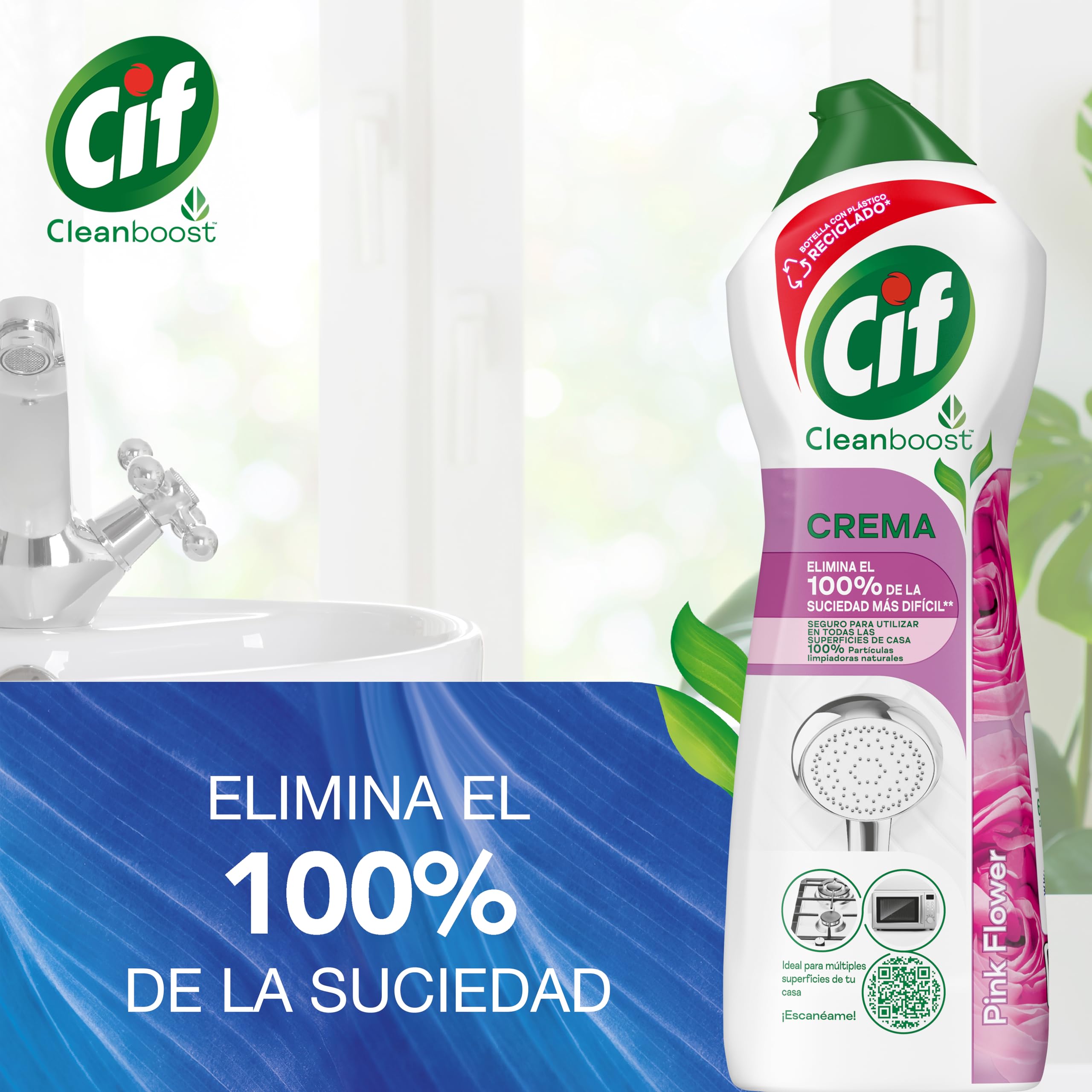 CIF Crema Limpiadora Rosa | Potente Limpiador de Superficies Multiusos Baño y Cocina | Con Fórmula Partículas de Limpieza 100% Naturales | Elimina el 100% de la Suciedad más Dificil. 650 ml.