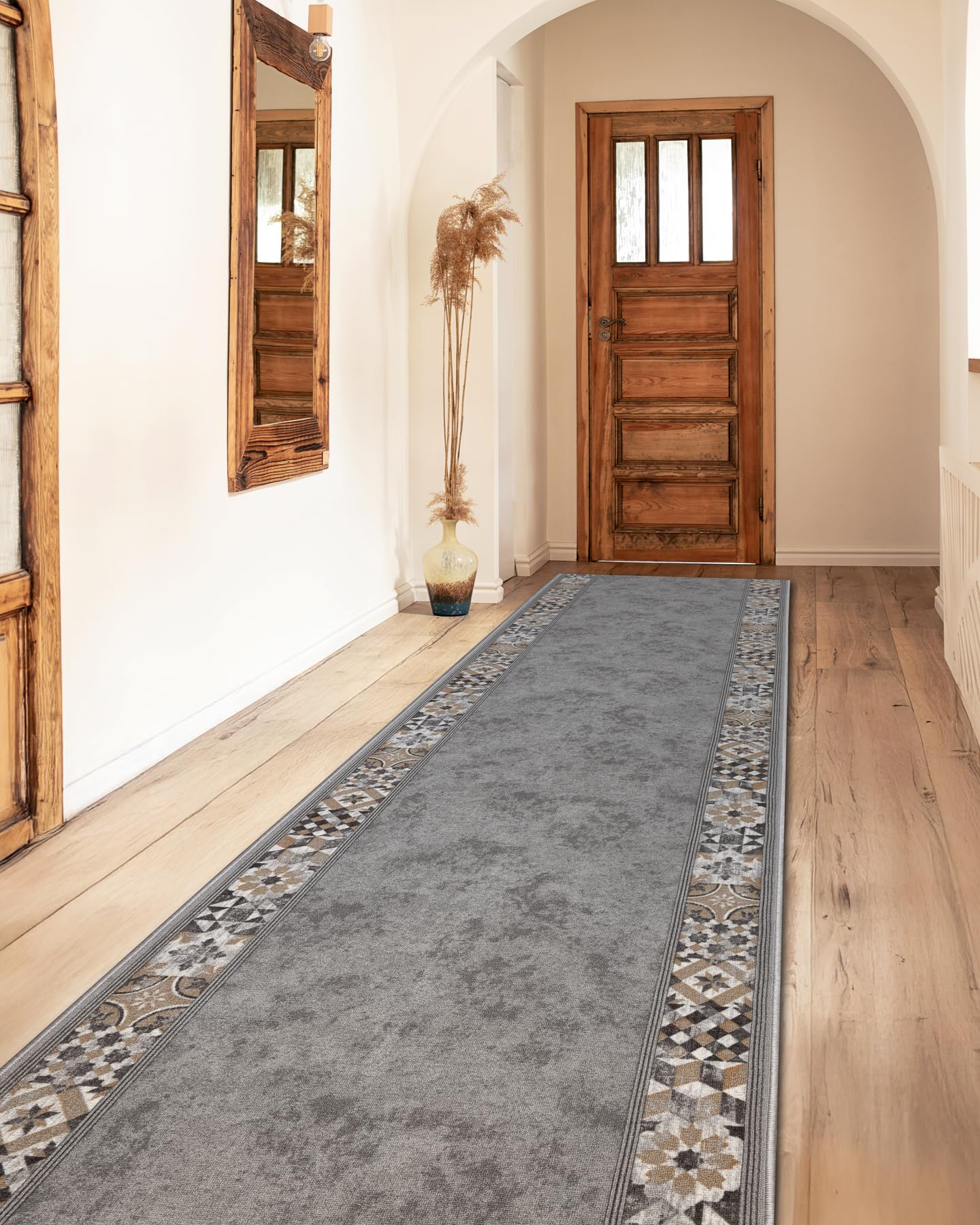 rugsx Antirutsch Teppichläufer Murcia - Lissabonfliesen, Rahmen, moderner Kurzflor für Küche, Flur & Wohnzimmer, Meterware, grau 100x210 cm