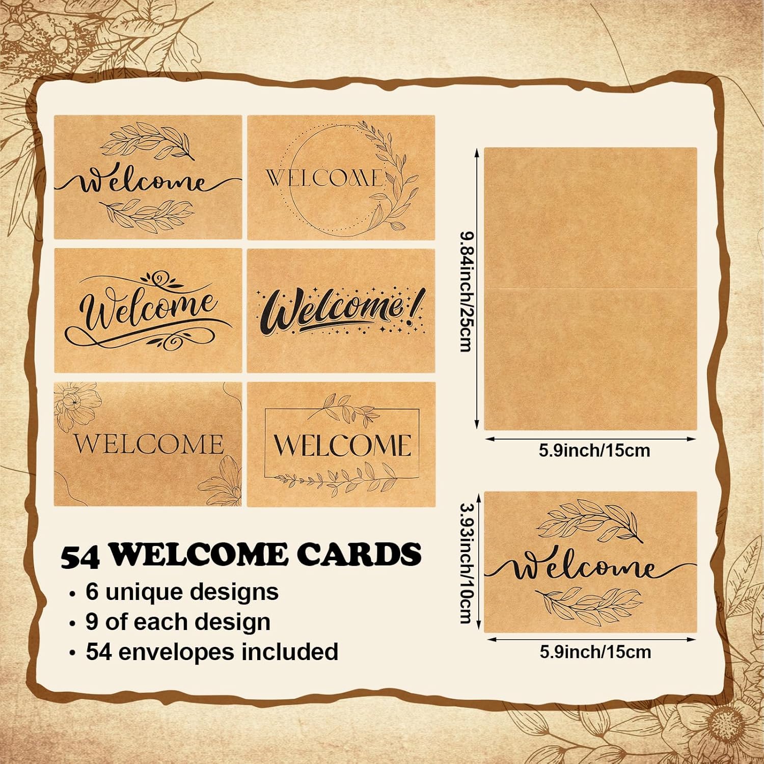 54 Sets Welcome Cards for Guests with Envelopes 4 x 6 Inch Kraft Brown Rustic Blank Notecards & Envelopes Blank Floral Cards for Guests & Employees Wedding - Image 3