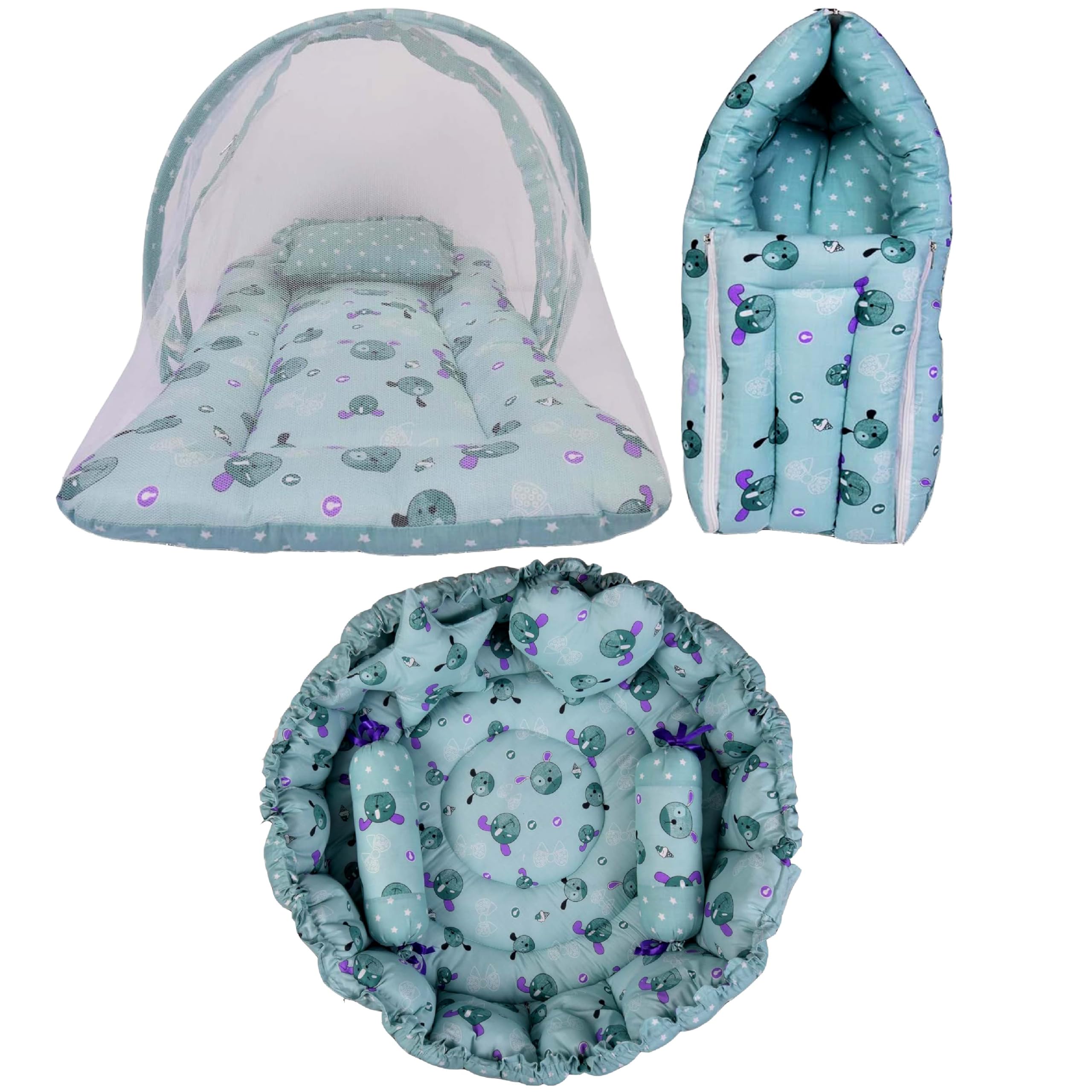 Kwitchy Baby Bed New Born Baby Bedding Set | Mattress | Cotton | Sleeping Bags | Essential | Reversible Nest | Mosquito Net | Bed Combo | Gift Packs (Green, 0-6 Months) (3PCS Set)