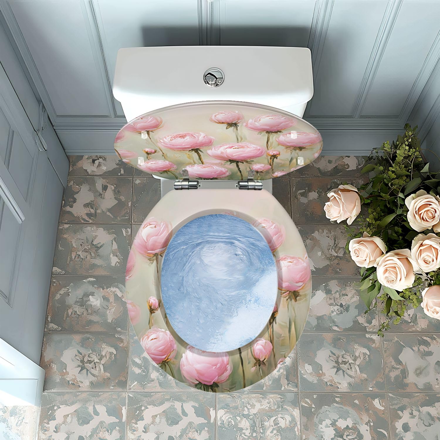 Runder WC-Sitz aus Kunstharz mit rosa Pfingstrosenmuster für das Badezimmer