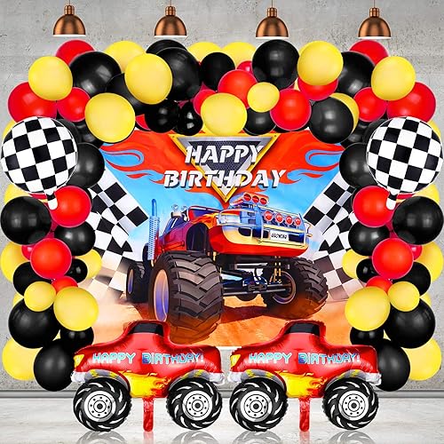 Sumind 75 piezas de suministros de fiesta de camiones decoraciones de cumpleaños incluyen camión telón de fondo de camión, globos de mosaico de