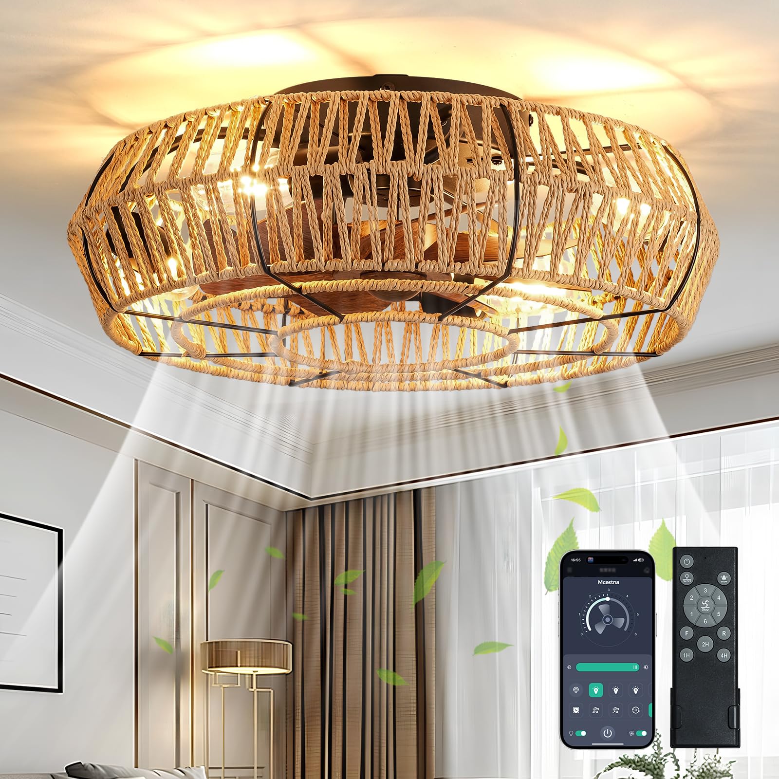 Boho Ceiling Fan with Lights - 20 Inch Flush Mount Ceiling Fan with Light and Remote/APP Low Profile Ceiling Light Enclosed Rattan Caged Ceiling Fan for Bedroom Living Room Farmhouse Indoor