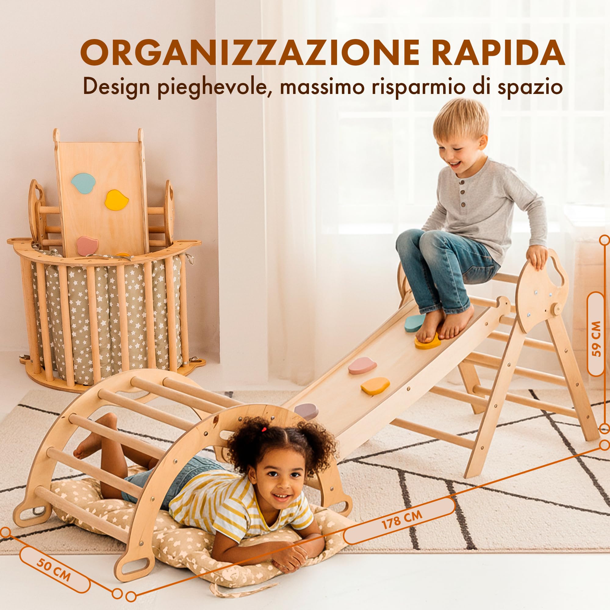 Goodevas 5-in-1 Telaio da Arrampicata per Bambini - Scala a Triangolo, Arco per Arrampicata, Balance Board e Cuscino, Telaio da Arrampicata Montessori, Palestra in Legno per Bambini da 1 a 3 Anni