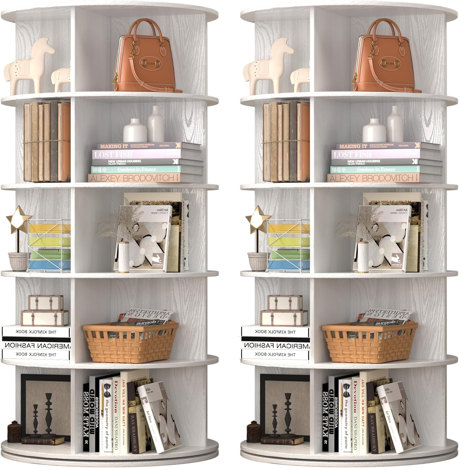 5 Tier Rotating Shoe Rack, Spinning Organizer Tower with 4 Compartments per Level, 360 Degree Rotating Storage Shelf for Shoes Bags Toys in Entryway Closet Bedroom Living Room, 47" Tall, 2PCS, White