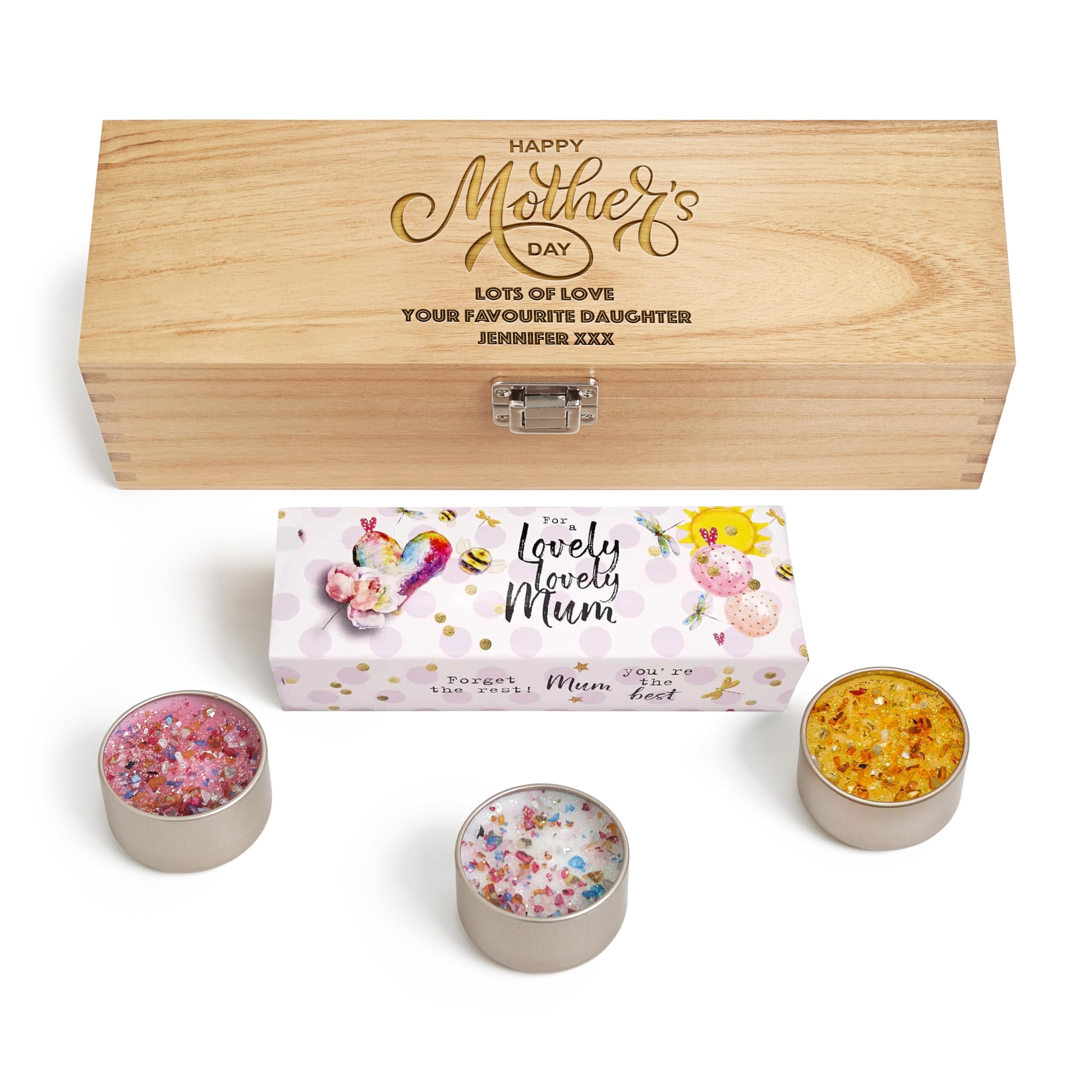 Personalised Candle Set, Birthday Gift, 3 Crystal Candles Scented in Engraved Wooden Box Bespoke Present 21st 30th 40th 50th 60th 70th (Mothers Day)