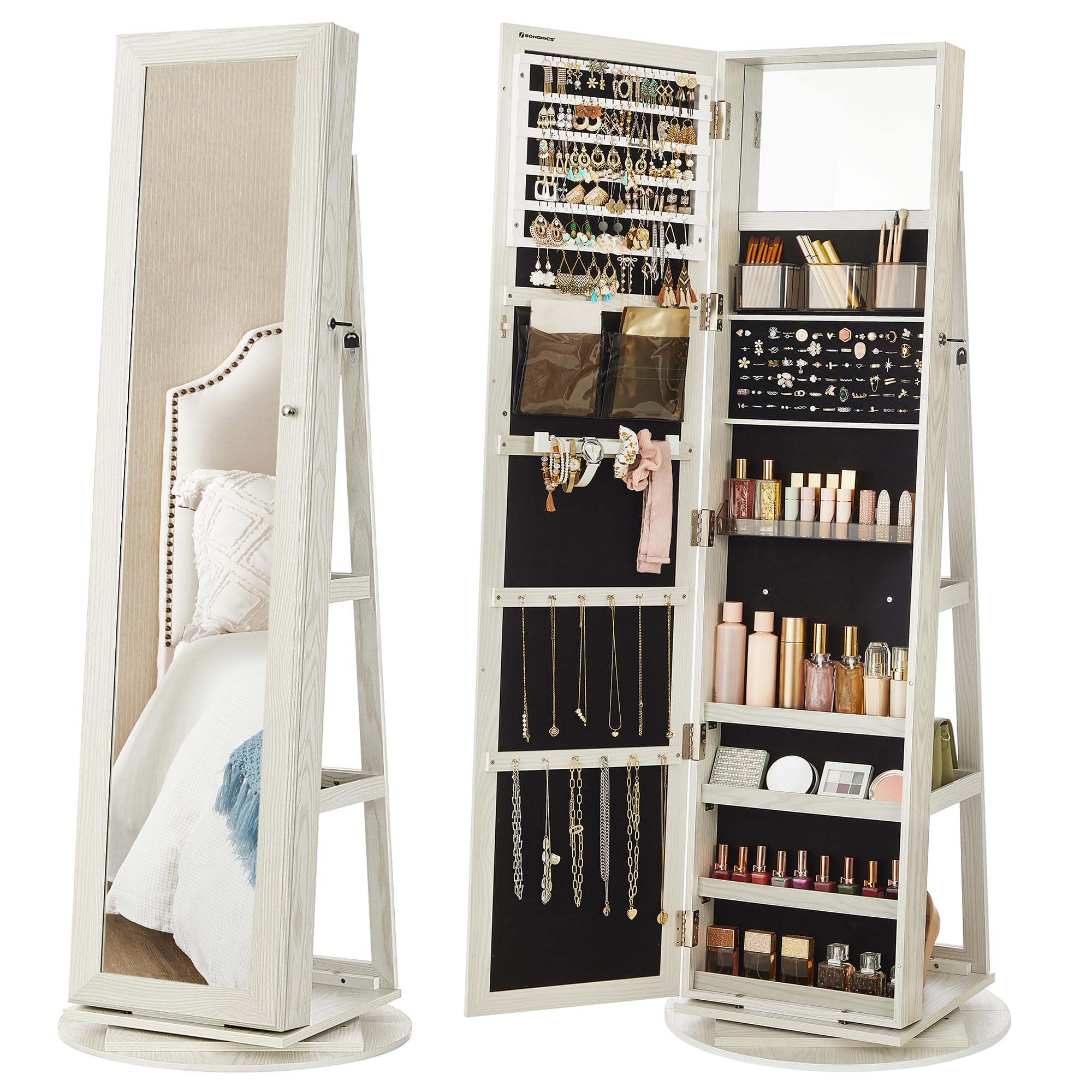 SONGMICS 360° Swivel Jewelry Cabinet, Lockable Jewelry Organizer with Full-Length Mirror, Rear Storage Shelves, Interior Mirror, Jewelry Armoire, Gift Idea, White with Gray Wood Grain UJJC006W01