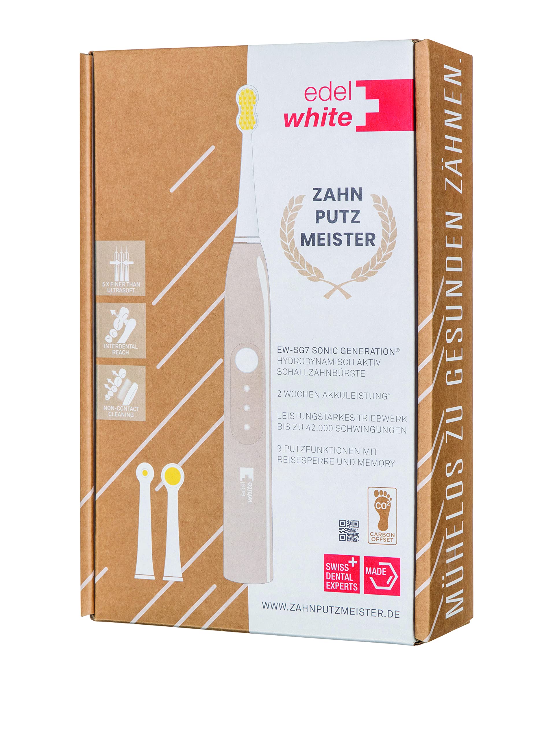 edelwhite Spazzolino sonico Zahnputzmeister.com idrodinamico attivo con 3 funzioni di pulizia, blocco di viaggio e memoria in confezione ecologica