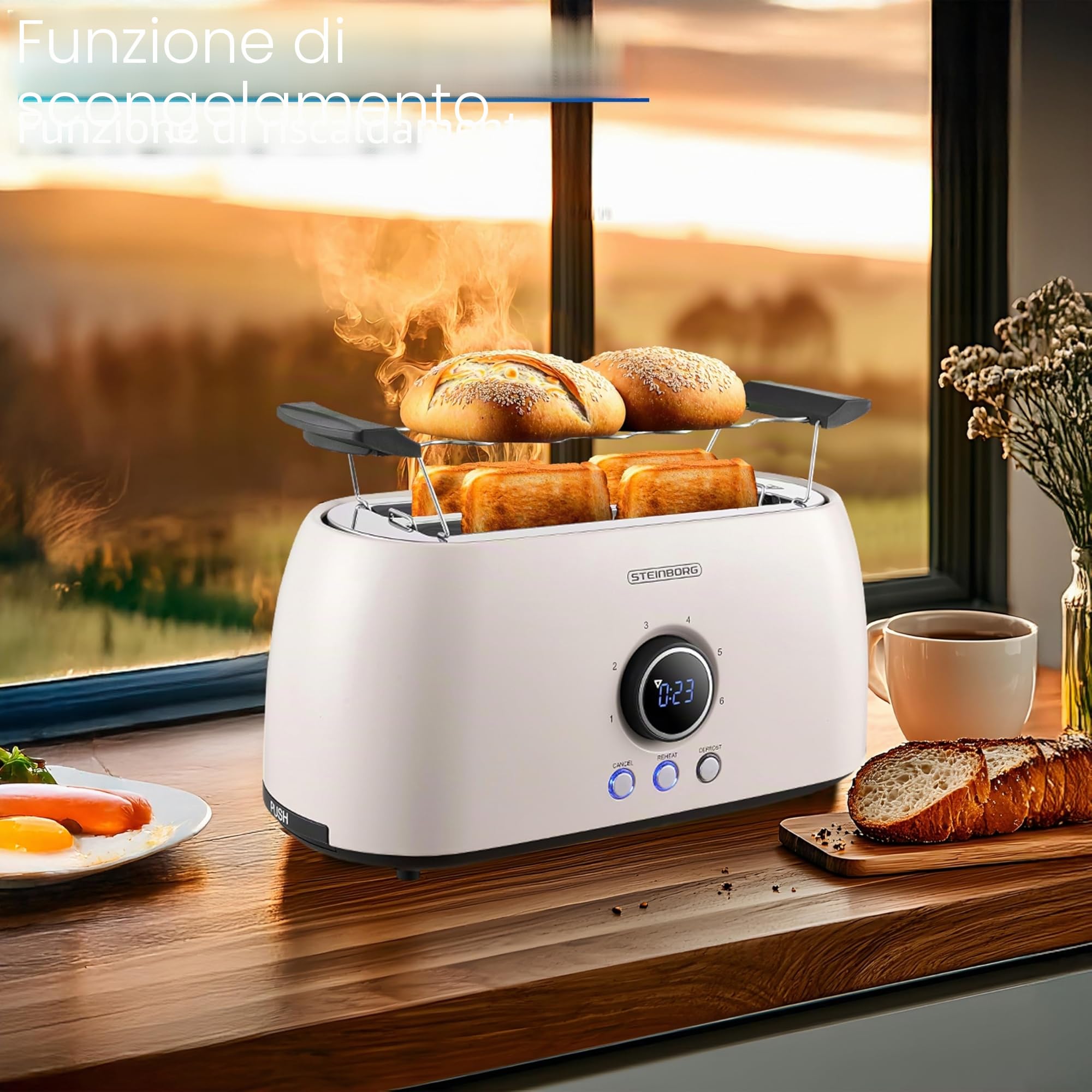 SteinborgTostapane 4 fette con inserto per panino, automatico spegnimento, tostapane doppio, familiare, display LED con indicatore del tempo residuo (Bulgur Beige)