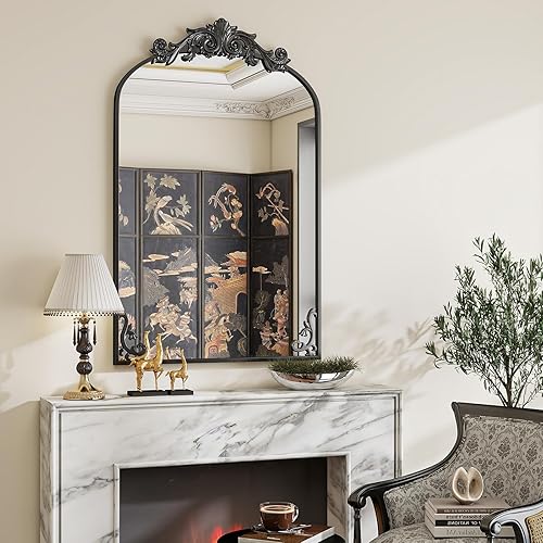 Miniatura 6 de VooBang Espejo de baño vintage arqueado de 26 x 38 pulgadas, magnífico espejo de tocador de pared con hermoso marco retro de proceso de grabado