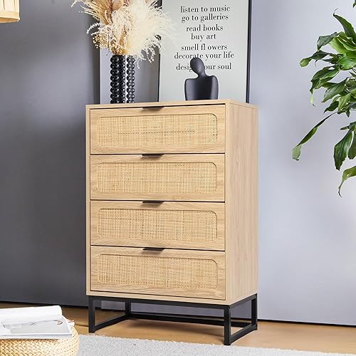 Miniatura 8 de Cómoda de 4 cajones para dormitorio, cómoda de ratán, cómoda de armario, cómoda de almacenamiento de madera alta para sala de estar, dormitorio de