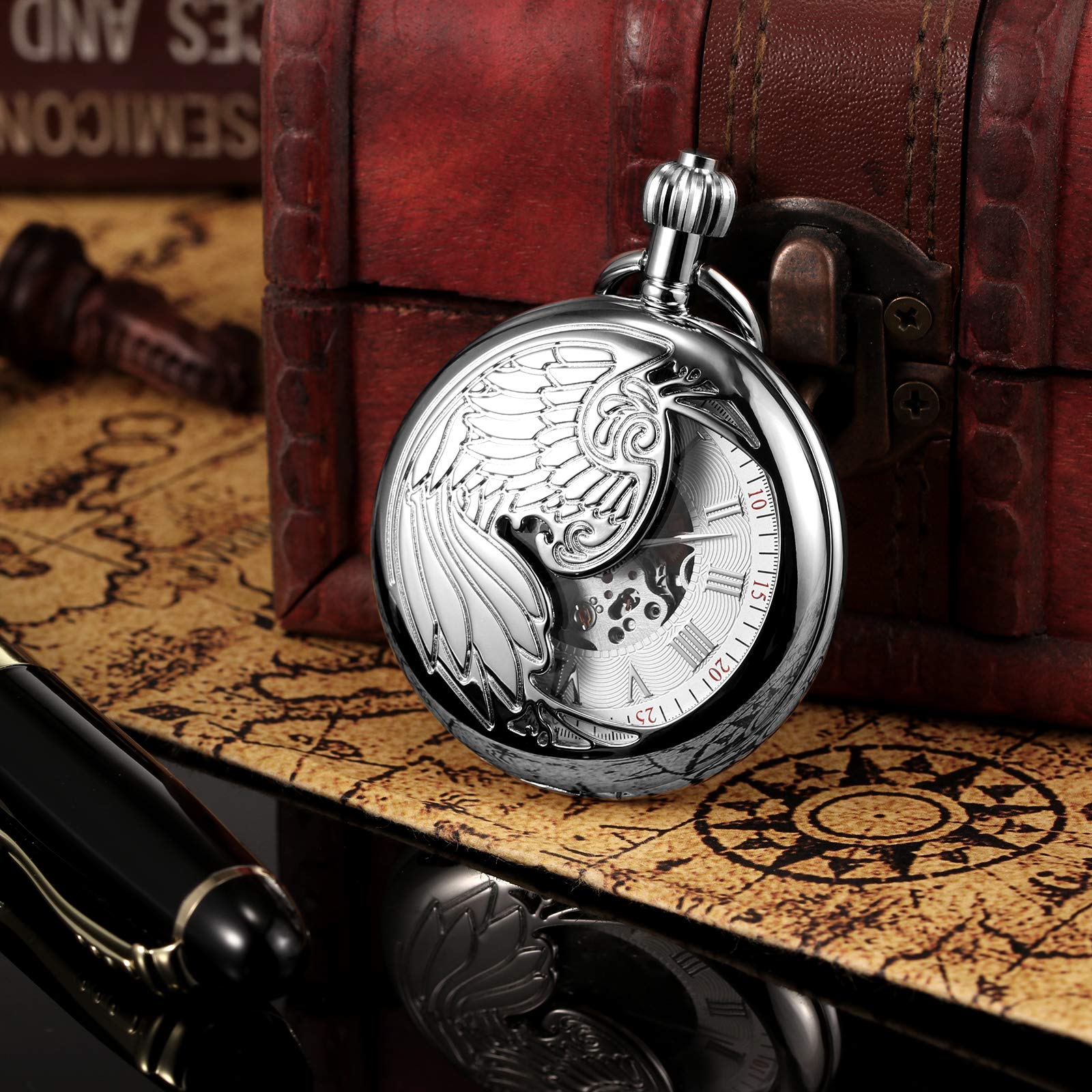 TREEWETO Reloj de Bolsillo Antiguo para Hombre con Cadena, Diseño Retro de Águila y Esqueleto, Mecánico, Cuerda Manual, Números Romanos, Color Plateado