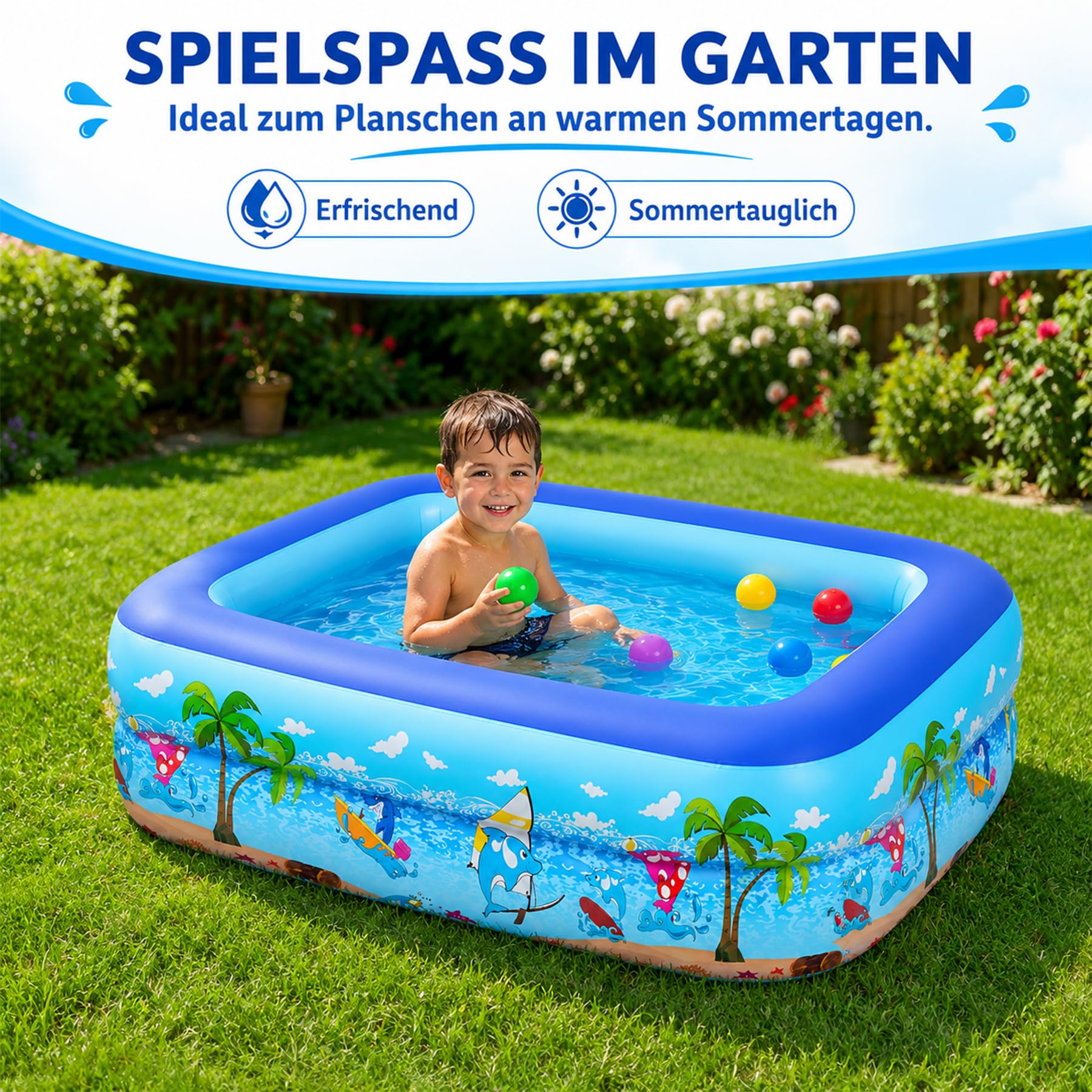 Planschbecken für Kinder,Kinderpool,Planschbecken Eckig,Planschbecken Deep Dive 105 x 75 x 30 cm,Pool für Sommer Strand Garten Wasserspaß