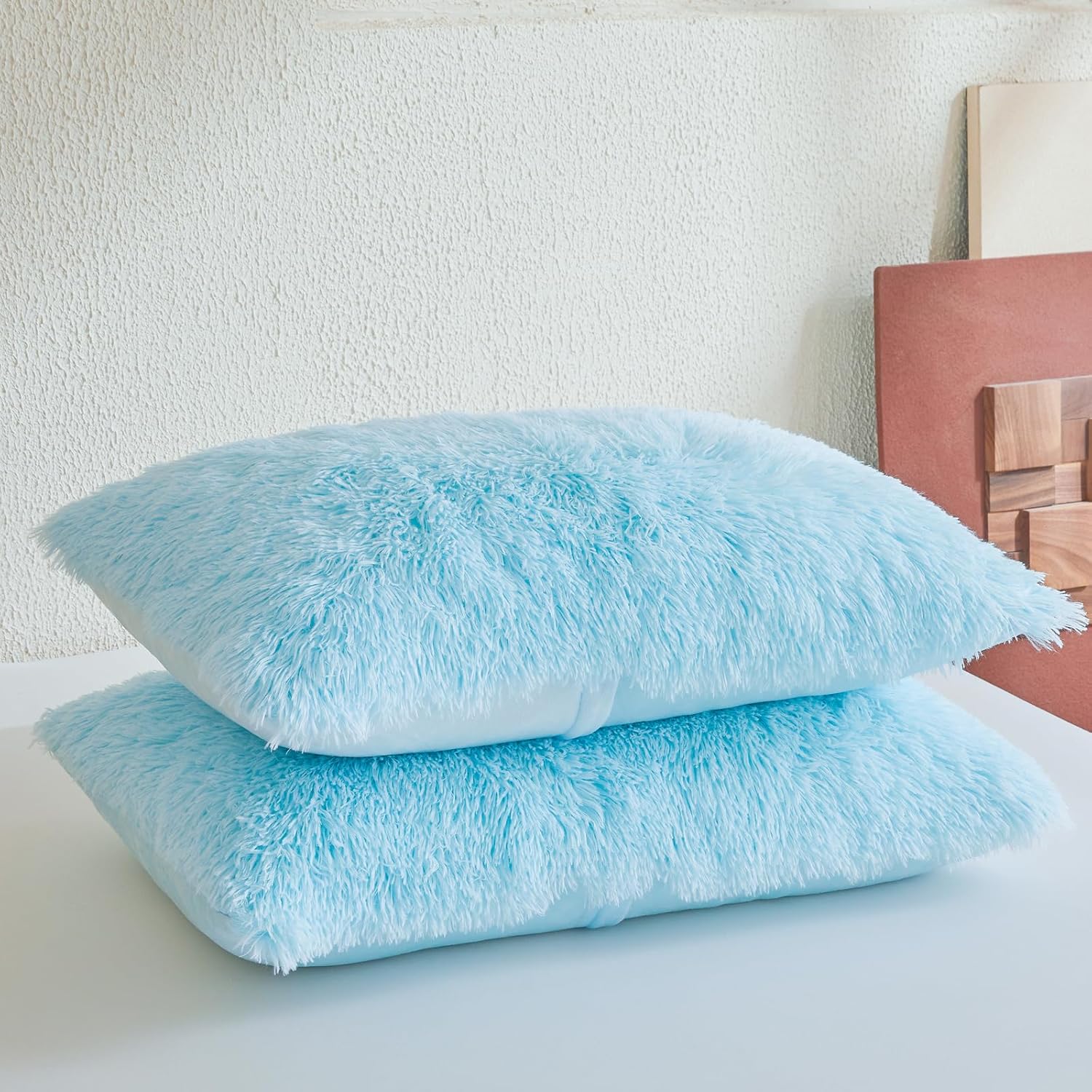 Blue Fluffy Faux Fur Pillow Covers 26"x20", Shaggy Plush Furry Fuzzy Pillow Cases for Bed Pillow or Bedroom Interior Decor, Soft Set for Feathered Protection