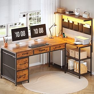 SEDETA L Shaped Desk with Drawers and Hutch, 47.2" Reversible Office Computer Desk with 5 Fabric Drawers, L Shaped Desk with Storage Shelves, Power Outlet and LED Lights for Home Office, Rustic Brown