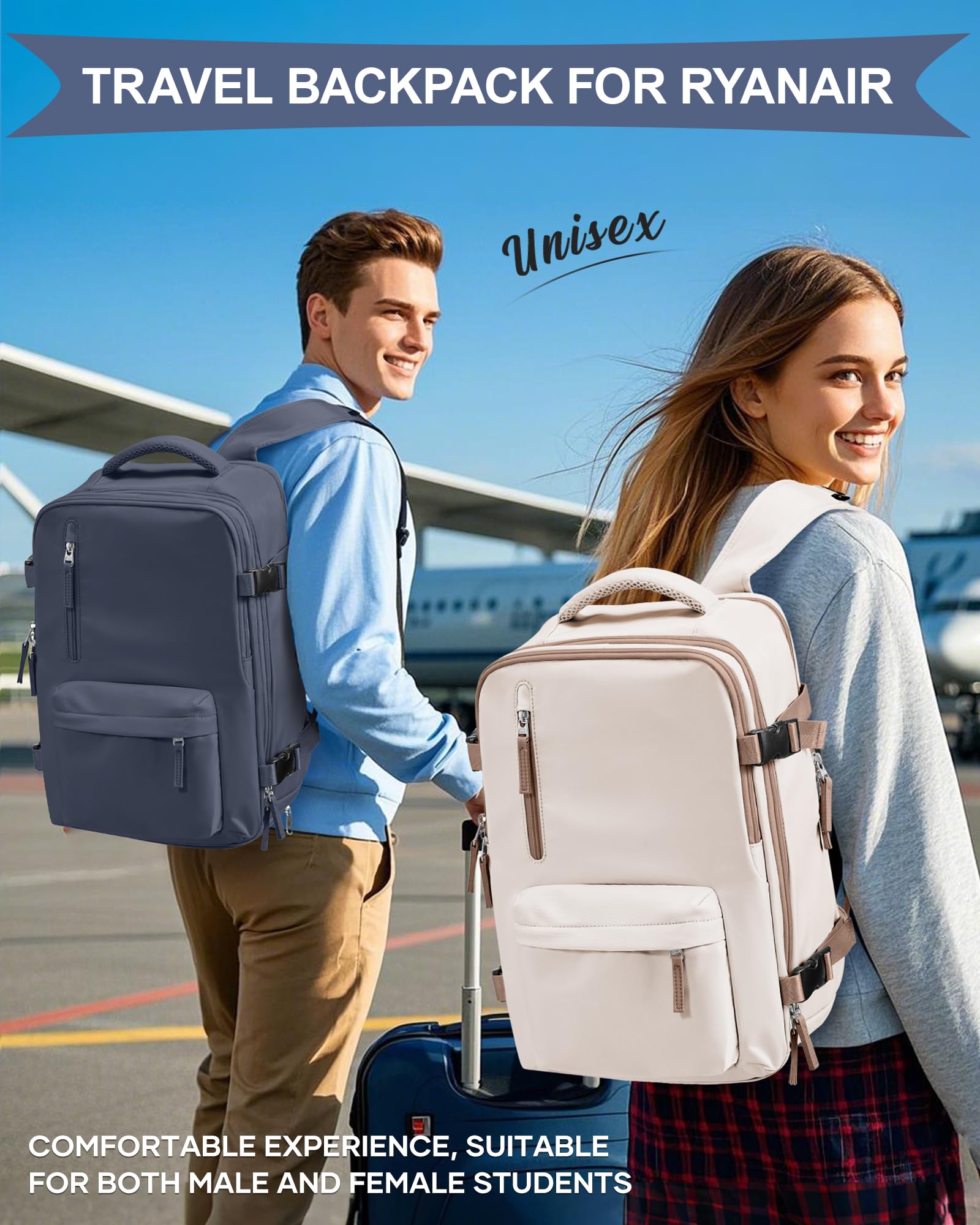 SZLX Zaino Ryanair 40x30x20 Sottovuoto Borse da Cabina per Easyjet 45x36x20 Bagaglio a Mano Donna con Porta USB Zaini Casual per Laptop da 14 Pollici Borsa da Viaggio Uomo con Porta Scarpe