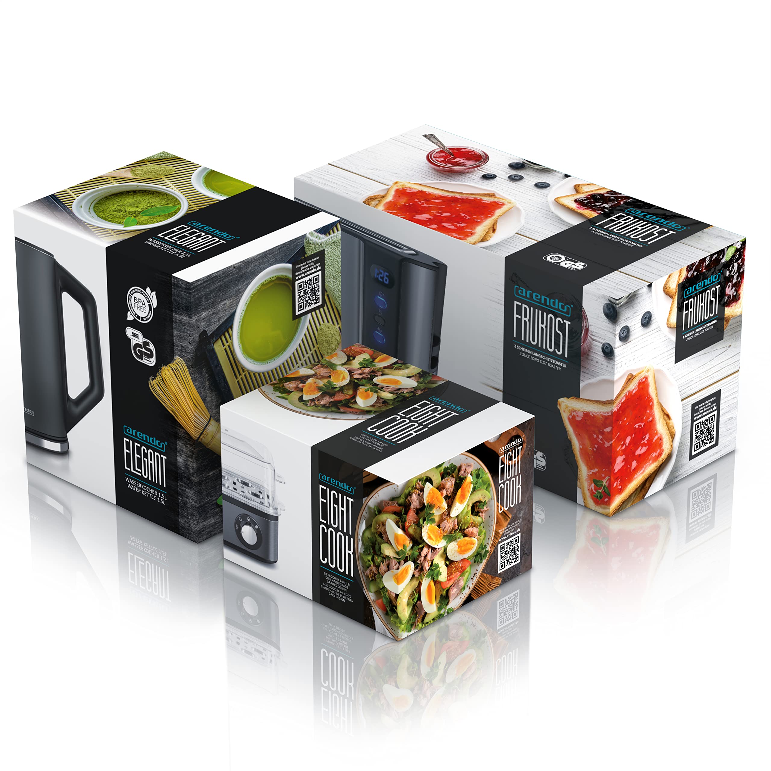 Arendo Set Ensembles Bouilloire et grille-pain et cuiseur à oeufs Bouilloire en inox 1,5L 40°-100°C Grille-pain 2 Tranches Ecran LED 6 niveaux de brunissage Cuiseur à oeufs 1-8 oeufs, Verre doseur