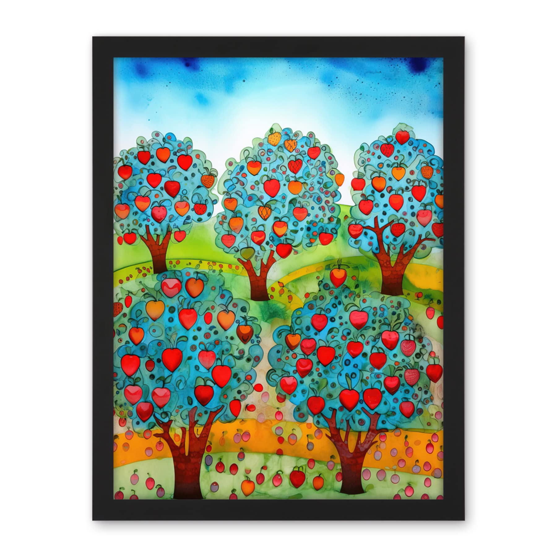 Artery8 Apple Orchard Trees Ready For Harvest Folk Art Landscape Watercolour Painting Artwork Framed Wall Art Print 18X24 Inch