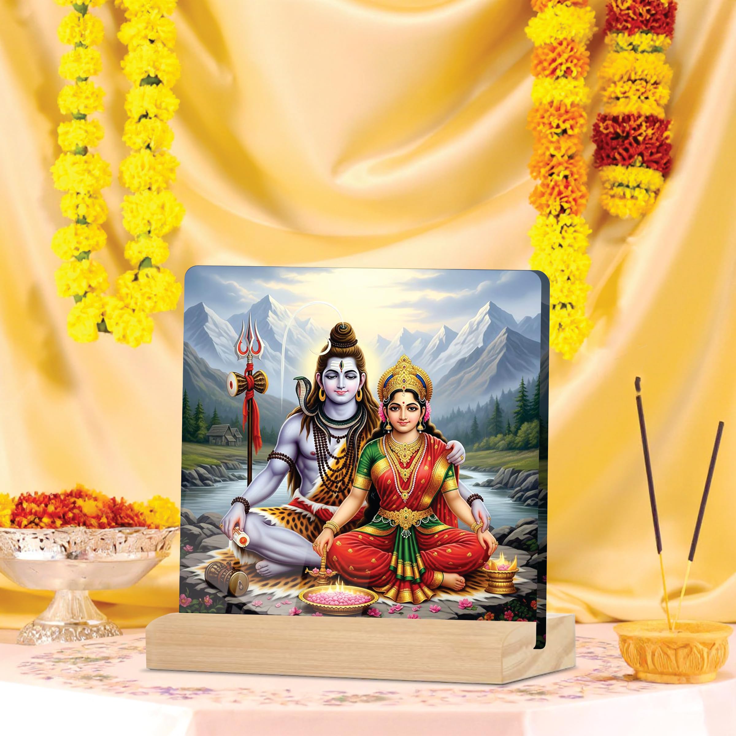 Giftplease Placa Parvati del Señor Divino Shiva y la Diosa con soporte de madera, marco de fotos religioso para el templo del hogar, habitación Pooja, oficina y regalo espiritual para inauguración de