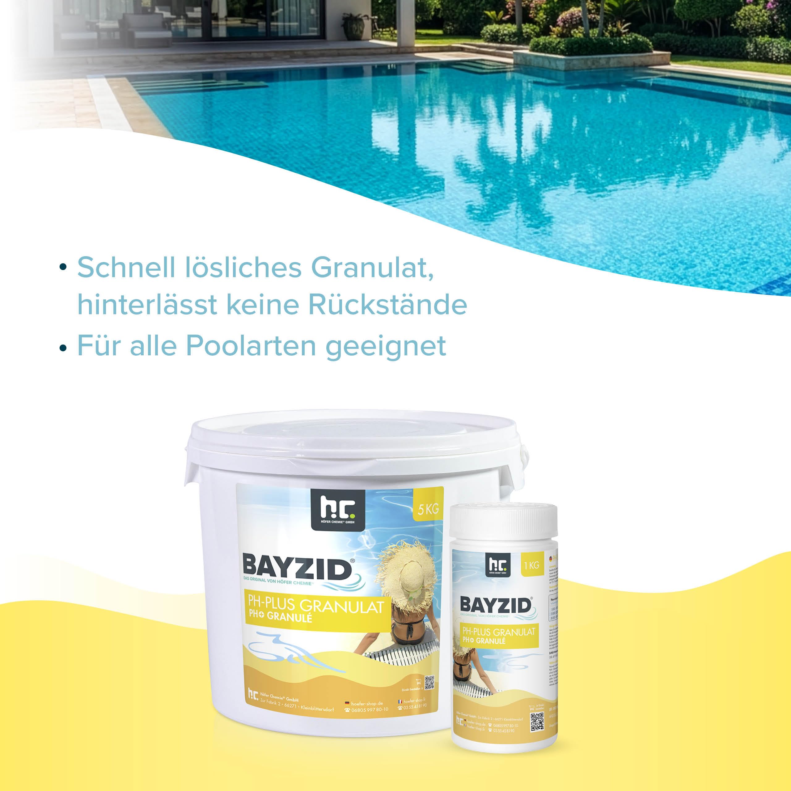 Höfer Chemie 1 x 5 kg pH Plus Granulat BAYZID (pH-Heber) sorgt für eine schnelle und zuverlässige Anhebung des pH-Werts in Pool und Schwimmbad