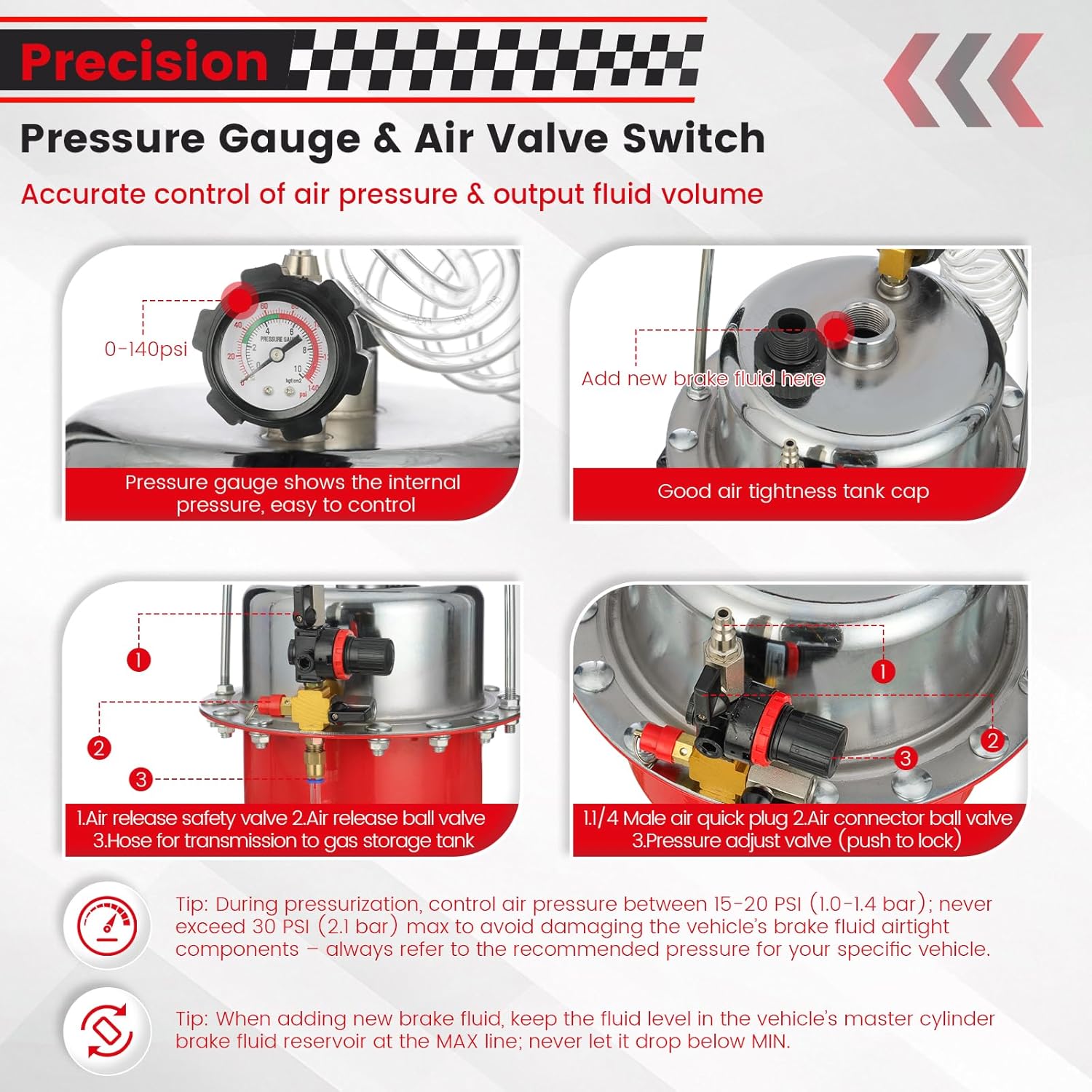 WNZ 5.3Qt Brake Bleeder kit,Master Cylinder Bleeder kit Pressure Iron Brake Bleeder Tool,Universal One Person Pneumatic Kit with Dedicated Waste Oil Jug & Full Universal Adapter Set