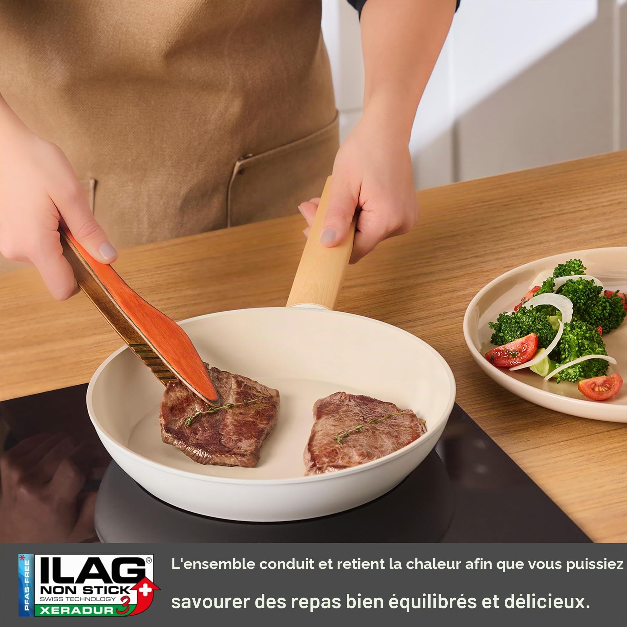 Karaca Swiss Crystal Set de Casserole avec couvercle en verre, 7 Pièces Antiadhésives, Résistantes au Feu, Sans PFAS, Cuisson Sans Huile, Batterie de Cuisine Saine et Efficace (Crème d'Amande)