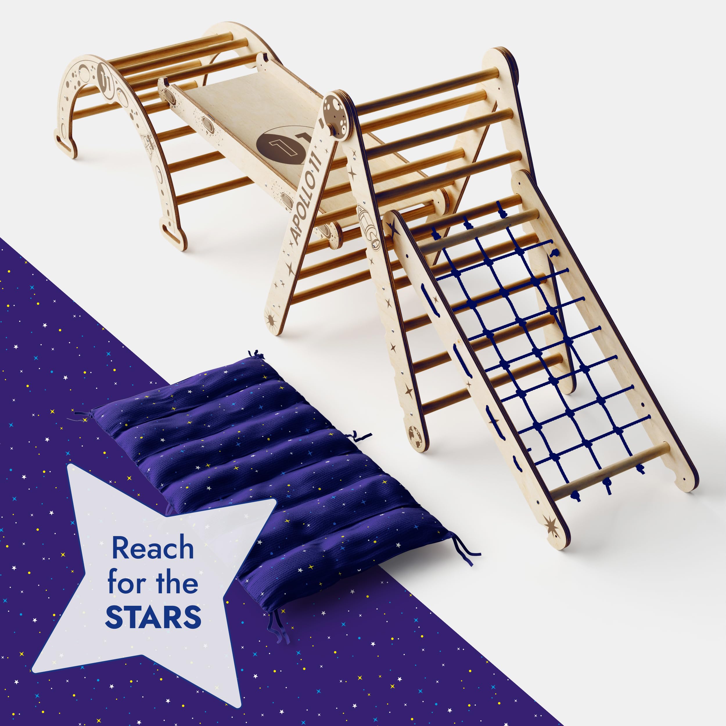 Goodevas Apollo 5 in 1 Space Set da arrampicata per bambini – Attrezzo da gioco in legno Montessori ispirato alla NASA: Triangolo Pikler, arco lunare, scivolo, rete e cuscino a stella, per piccoli