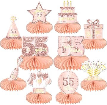 Gexolenu 10 Pcs 55th Birthday Honeycomb Centerpieces Cheers to 55 Years Birthday Centerpieces Table Topper for 55th Birthday Decorations 55 Fabulous Birthday Party Decorations Supply Rose Gold