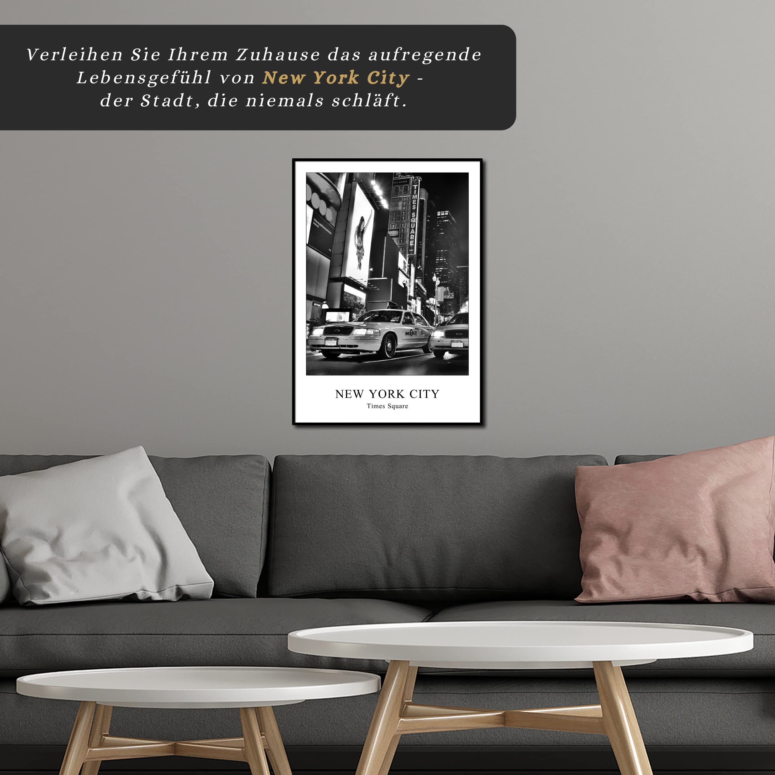 daazoo Tableau Décoratif New York Times Square Taxi 50 x 70 cm avec Cadre Premium - Image Ville de Nuit Noir et Blanc - Décoration Murale Moderne pour Salon et Bureau - Style Urbain