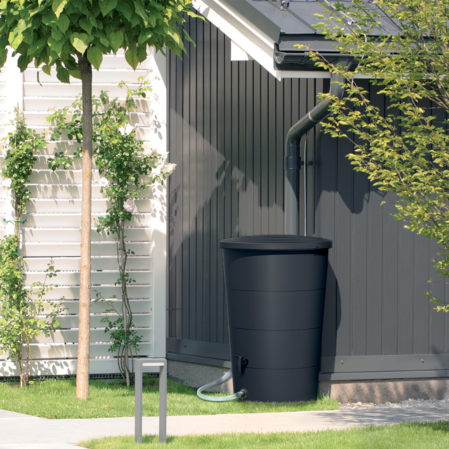 Depósito de agua de lluvia suave 200 l | Ø60 x 106,6 cm | Incluye grifo y sistema de recogida de agua | Cisterna de jardín | Color negro diseño moderno