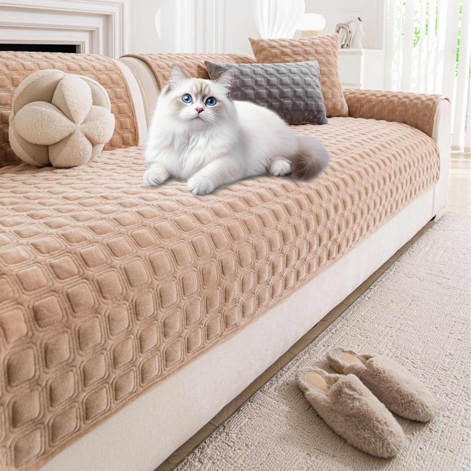 TAOTAOGO Premium Soft Milk Velvet Non-Slip Sofa Cover, Washable Corner Couch Cover L Shape for 2/3/4 Seater, Pet Dog Proof Furniture Protector, All-Season Universal E1 Camel 70x180cm