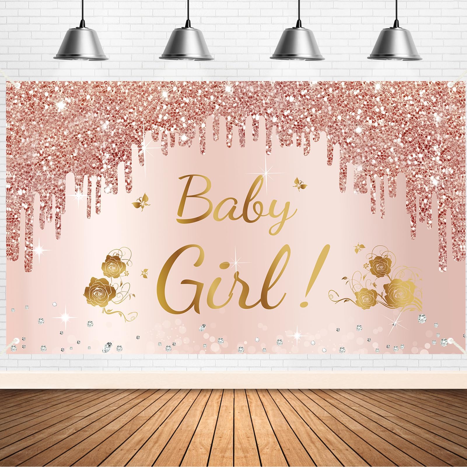 Baby Shower Decorations Baby Girl Banner, Pink Rose Gold Baby Girl Shower Backdrop Party Supplies, Pink Baby Shower Poster Background Photo Booth Props Decor