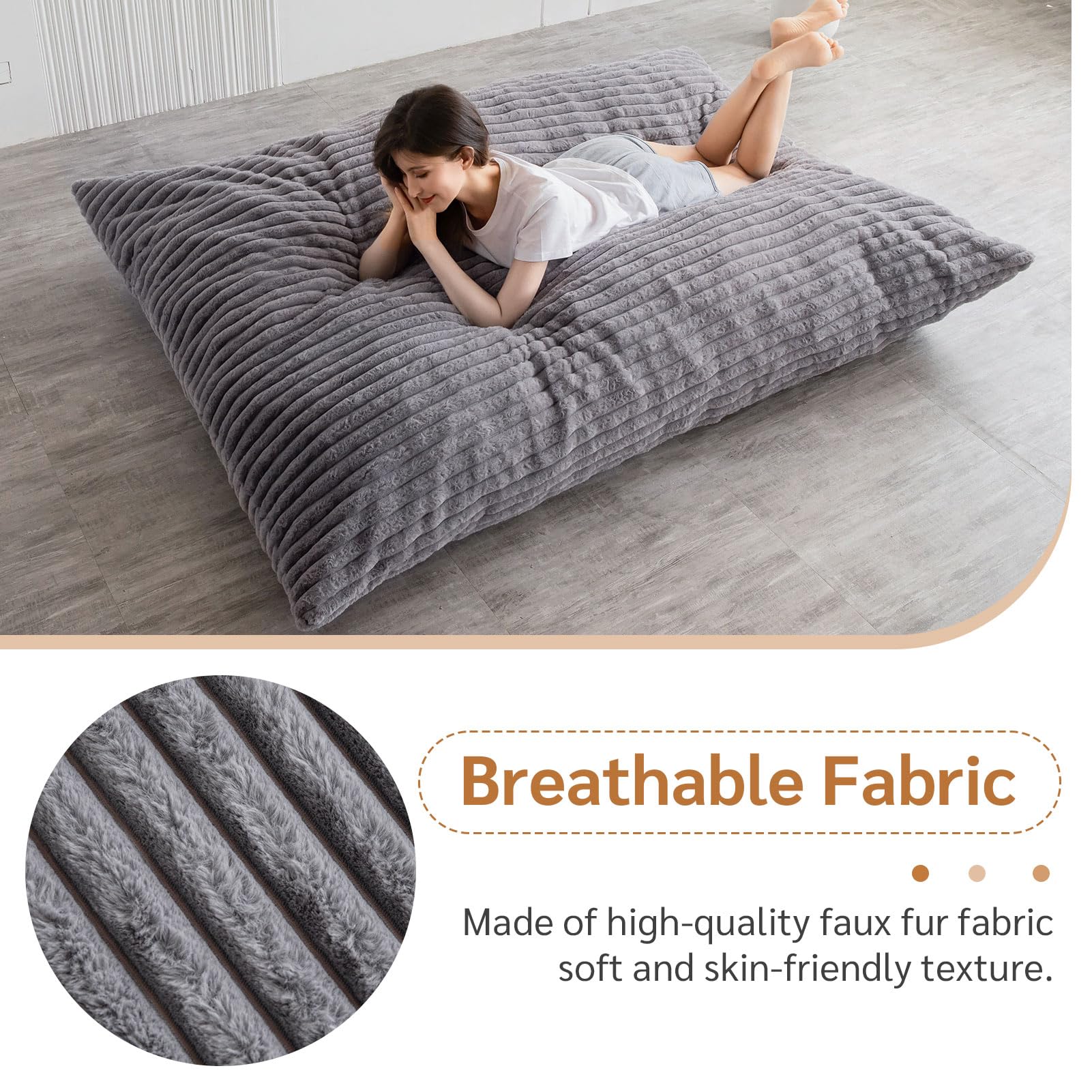 MAXYOYO Riesiges Sitzsack-Bett, quadratischer Sitzsack-Stuhl, großes Sofa mit Kunstfellbezug und Flauschiger Füllung für Erwachsene, Paare, Gäste (3D Streifen-Grau, 135x190 cm)
