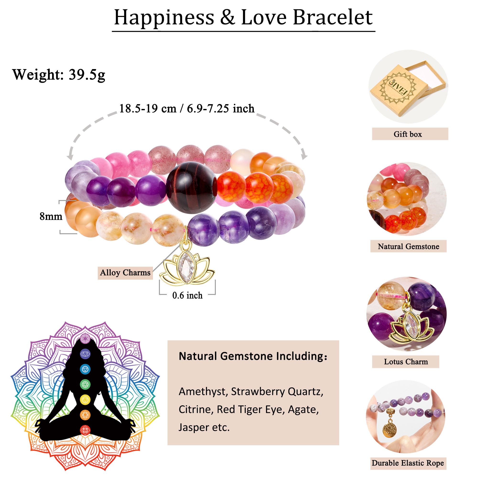 Bivei Bracciali in pietra naturale Cristallo verde e pietra Chakra Bracciale di perline 8 mm Semi Precious Bead Lotus Charm Gioielli Regali Bracciali per le donne
