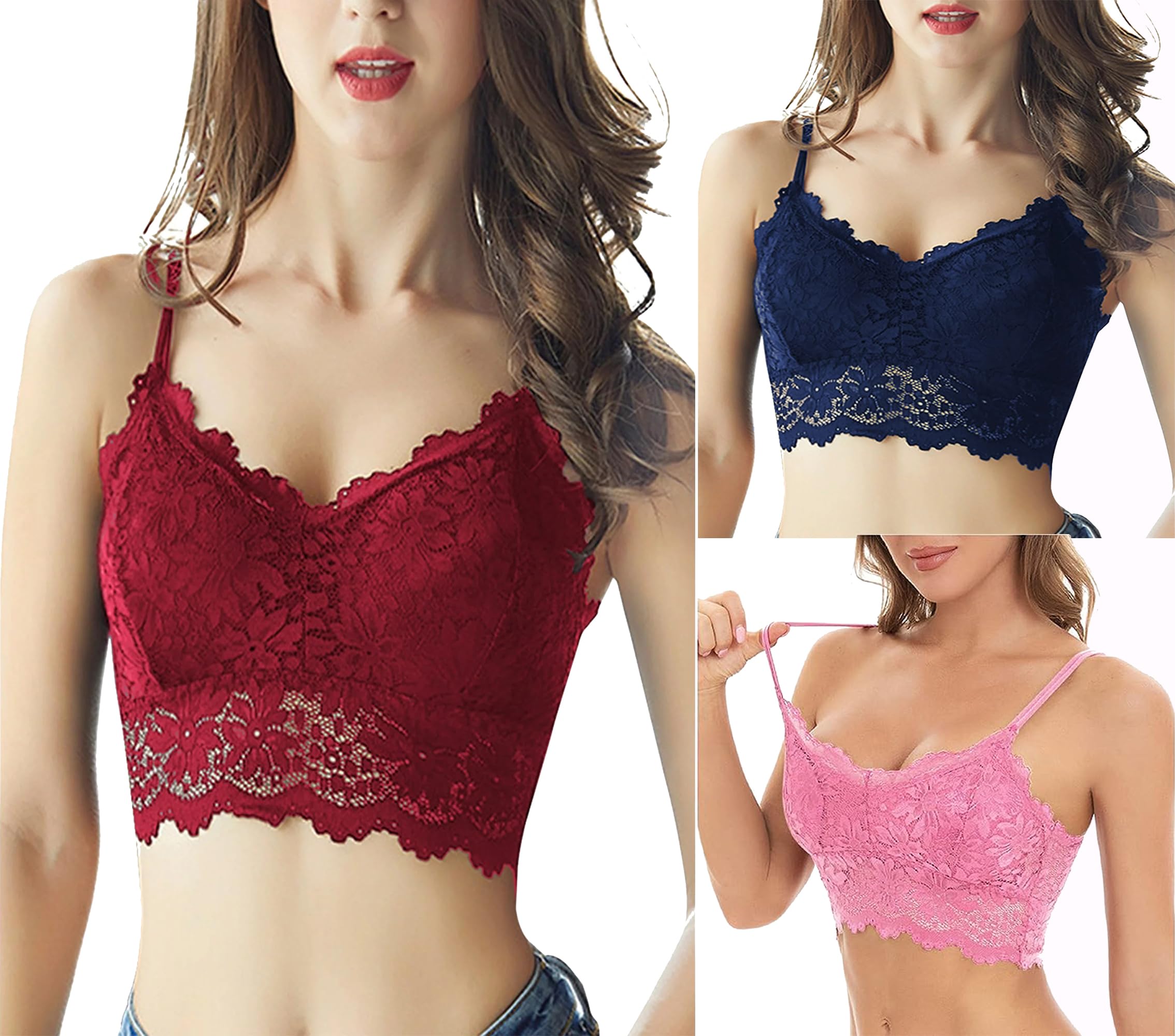 kamini Women's Lace Solid Padded Full Cup Wire Free Bralette Bra-picture-13