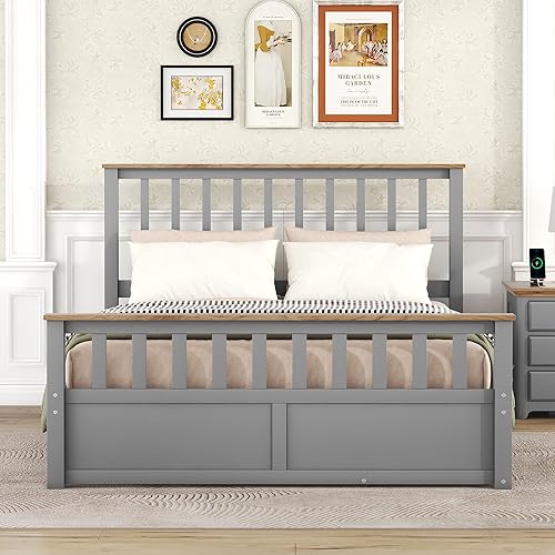 Miniatura 3 de Merax Cama de plataforma tamaño Queen, plataforma de madera con 2 cajones y soporte de listones de madera, gris + natural