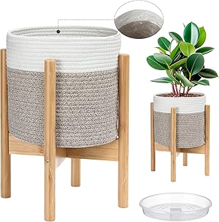 Sunnychicc Plant Basket with Stand Indoor Planter Pot Holder Sturdy Jute Rope Modern Woven Basket, Cotton Rope Woven Pot with Bamboo Stand(White and Brown,10 Inch)