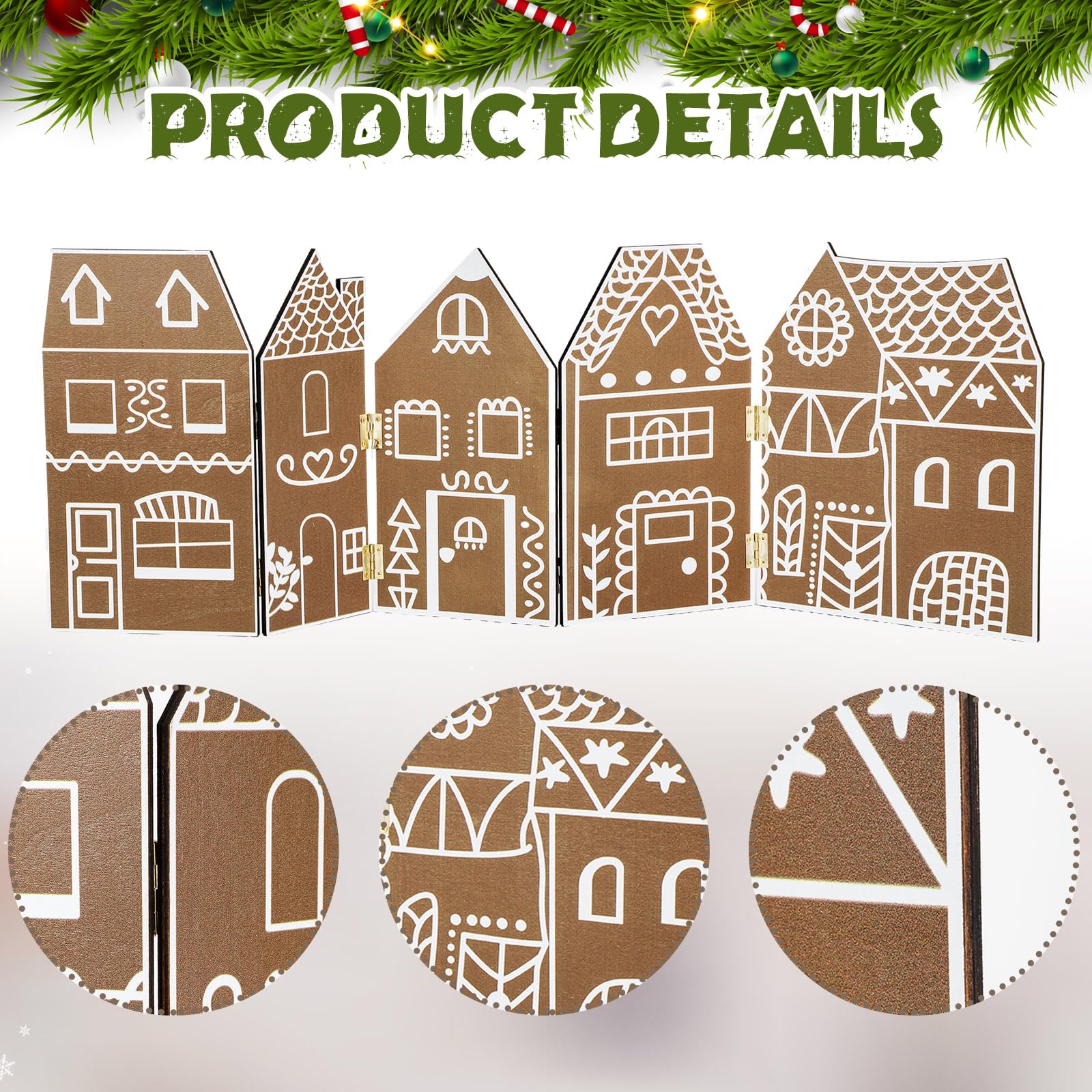 Chunful Ensemble de village de Noël en bois avec 4 arbres de Noël et guirlande lumineuse à DEL pour décoration d'intérieur, de maison, de table, de cheminée (maison en pain d'épice)