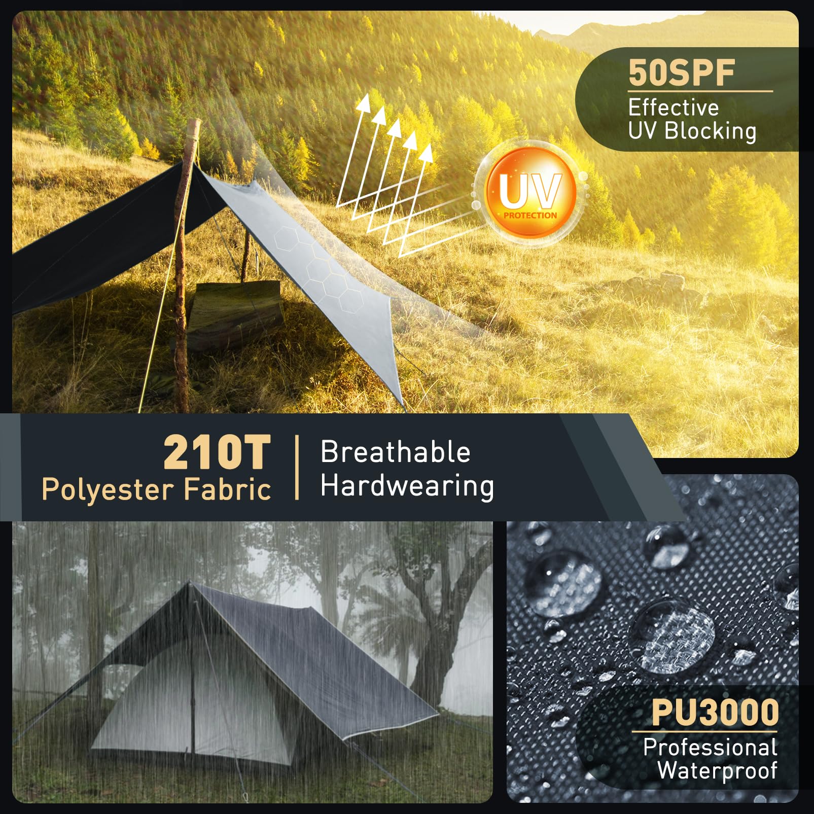 Bâche Anti-Pluie Imperméable Anti-UV 3x3M 3x5M Camping Toile de Tente