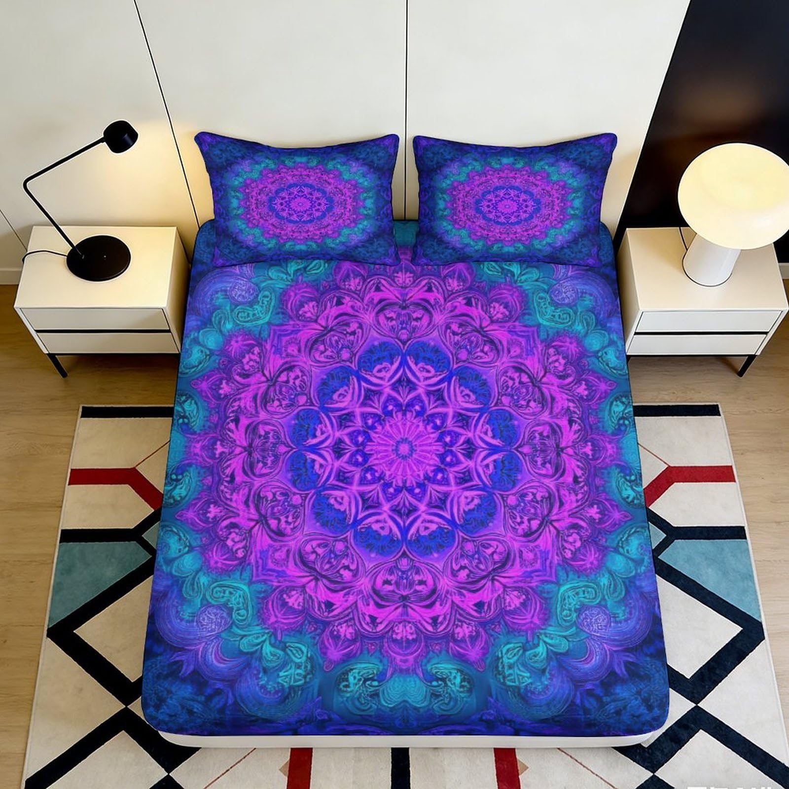 3D Printed Purple Mandala Fitted Sheet Microfiber Breathable Boho Geometric Mattress Cover for Bedroom Guest Room Easy Care 90x200x25cm