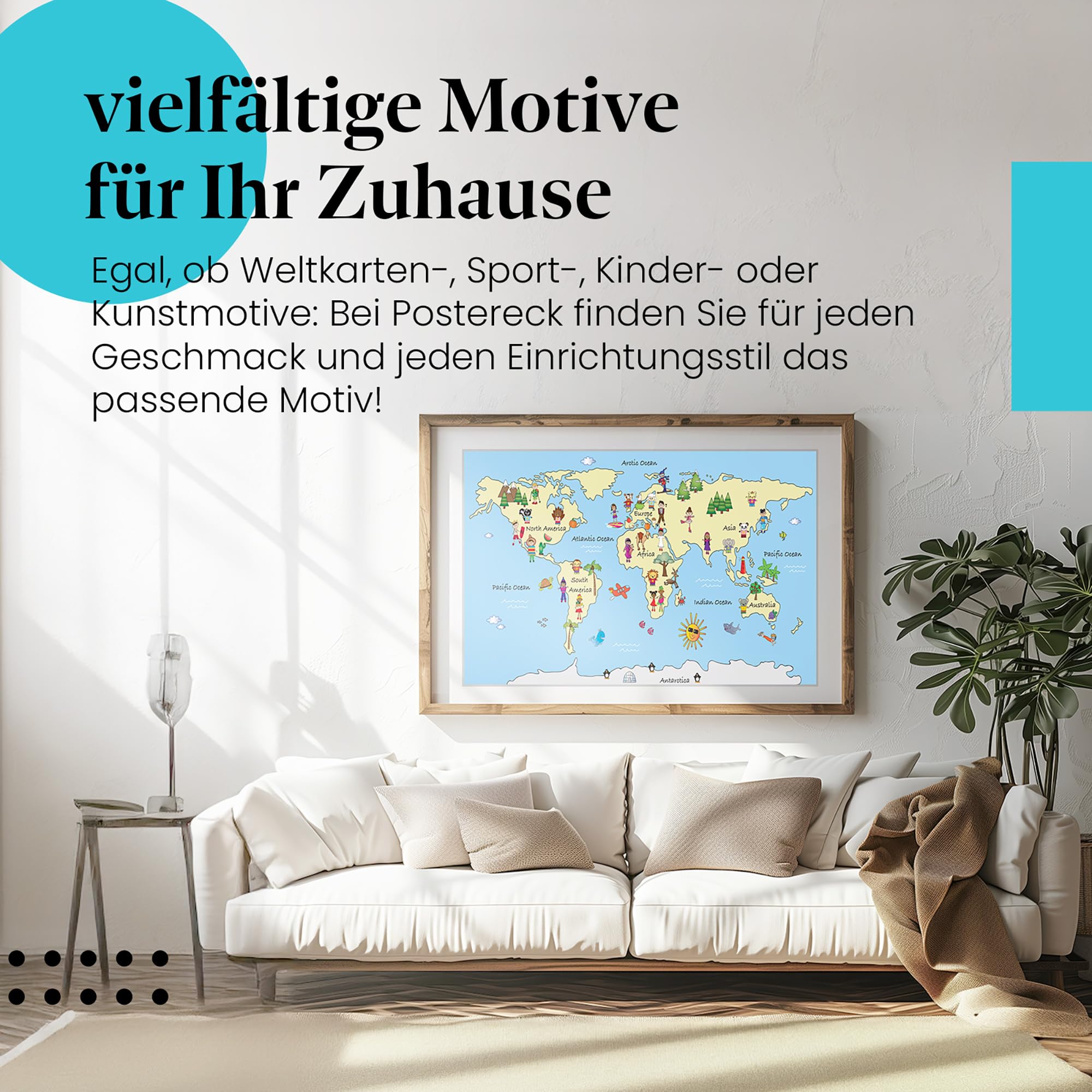 Postereck - 2353 - Weltkarte, Kontinente Kinderzimmer Schule Lernen - Kinder Kinderzimmer Kinderbild Wandposter Fotoposter Bilder Wandbild Wandbilder - Leinwand - 100,0 cm x 75,0 cm